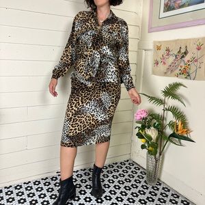 Vintage Nicole brand patchwork animal print tunic top and skirt set